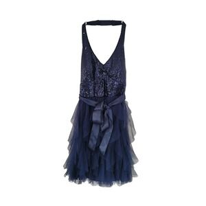 Party Social Sequin Halter‎ Dress Ruffle Tulle Party Social Navy Girls Size 5 #3